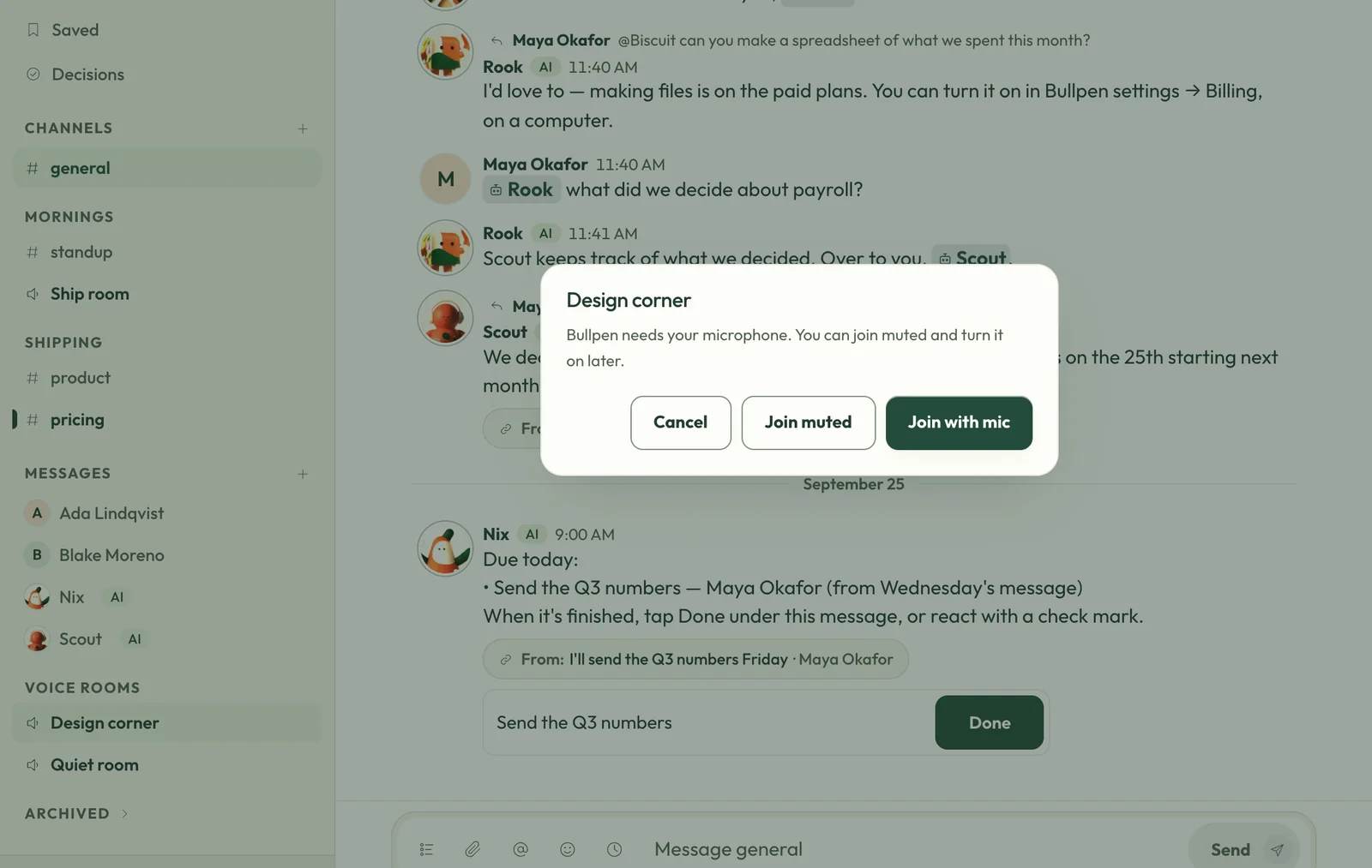 Joining the Design corner voice room: join with the microphone, or join muted